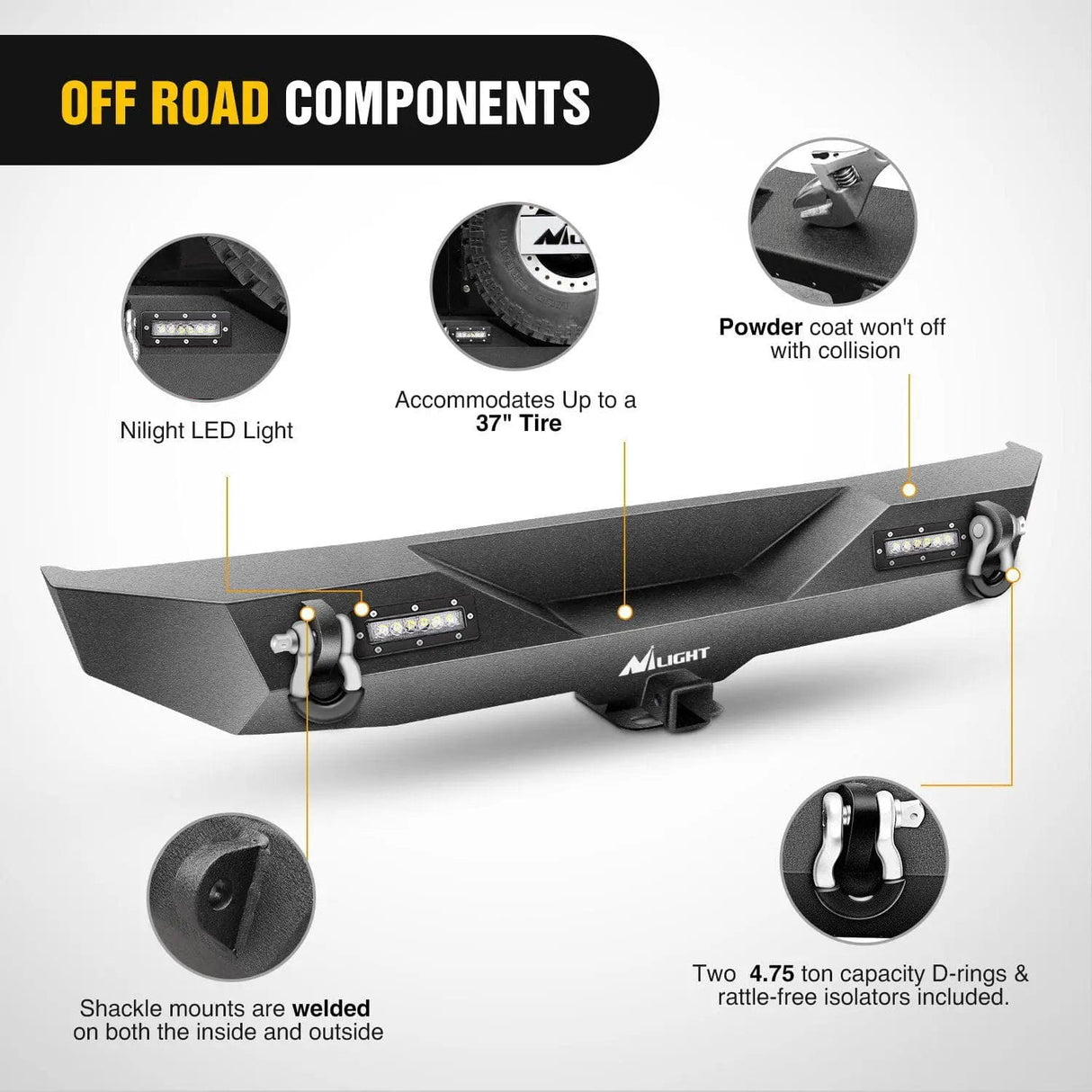 Rear Bumper 2018-2023 Jeep Wrangler JL Rear Bumper Rock Crawler Bumper with 2Pcs Hitch Receiver 2Pcs Upgraded 18W LED Lights D-Rings Textured Black