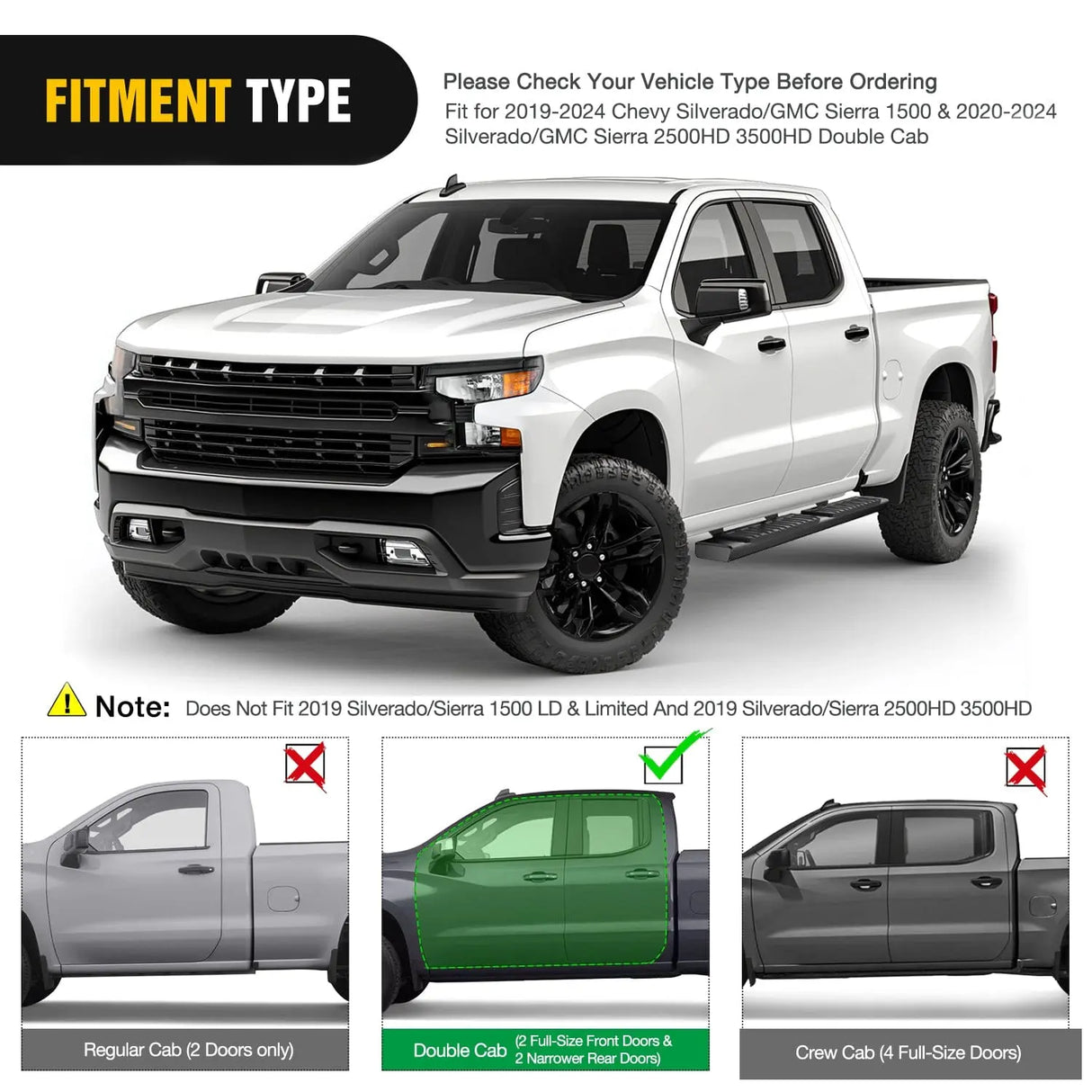 2019 2020 2021 2022 2023 2024Chevy Silverado/GMC Sierra 1500 Double Cab 2020 2021 2022 2023 2024 Silverado/GMC Sierra 2500HD 3500HD 6 Inch Aluminum Bolt-on Powder Coated Side Step Nerf Bars Running Boards Nilight