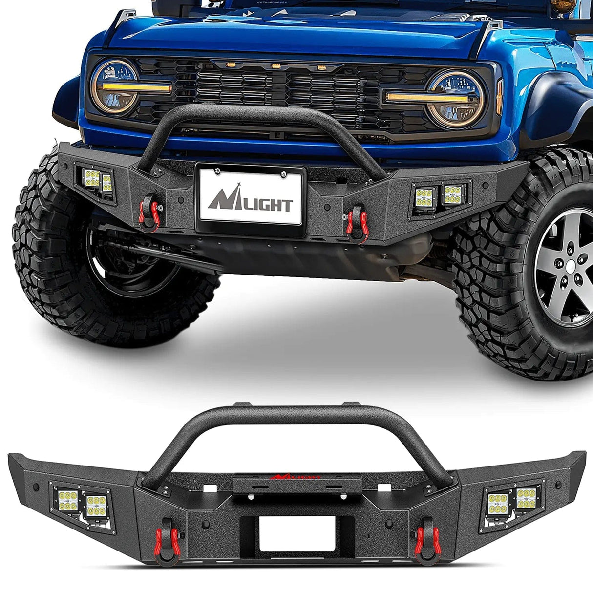 2021-2024 Ford Bronco Front Bumper with 4Pcs 18w Flush Mount LED Work Lights Winch plate License plate bracket Sensor hole Nilight