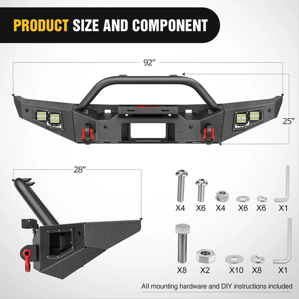 2021-2024 Ford Bronco Front Bumper with 4Pcs 18w Flush Mount LED Work Lights Winch plate License plate bracket Sensor hole Nilight