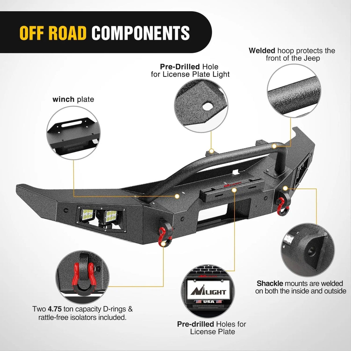 2021-2024 Ford Bronco Front Bumper with 4Pcs 18w Flush Mount LED Work Lights Winch plate License plate bracket Sensor hole Nilight
