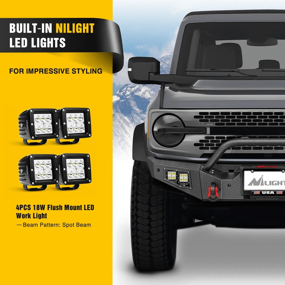 2021-2024 Ford Bronco Front Bumper with 4Pcs 18w Flush Mount LED Work Lights Winch plate License plate bracket Sensor hole Nilight
