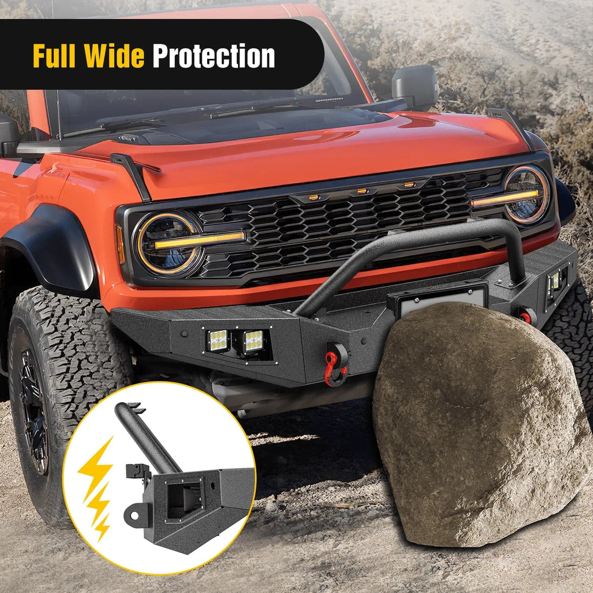 2021-2024 Ford Bronco Front Bumper with 4Pcs 18w Flush Mount LED Work Lights Winch plate License plate bracket Sensor hole Nilight