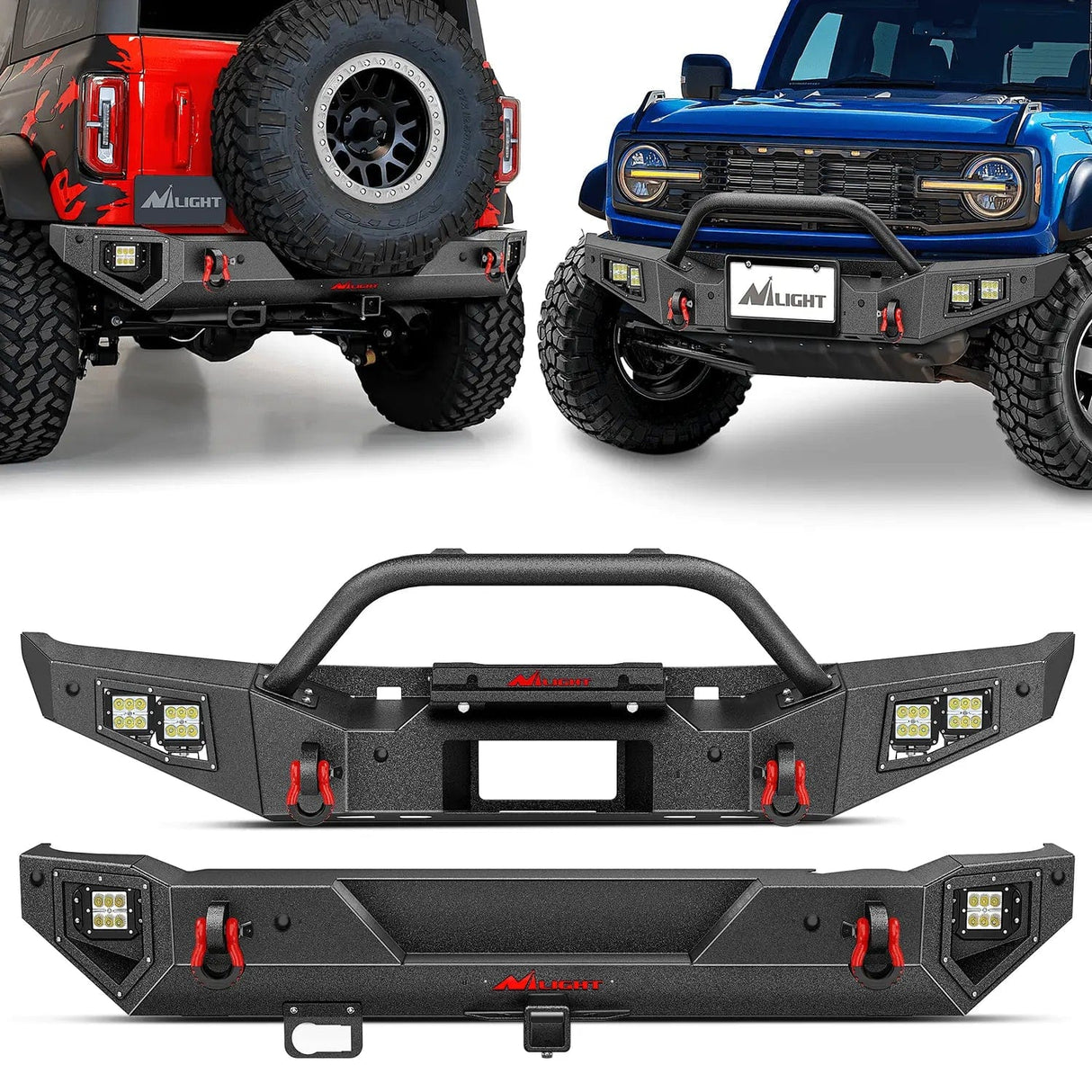 2021-2024 Ford Bronco Front Rear Bumper Combo Rock Crawler with Hitch Receiver Winch Plate Nilight Upgraded LED Lights D-Rings Off Road Nilight
