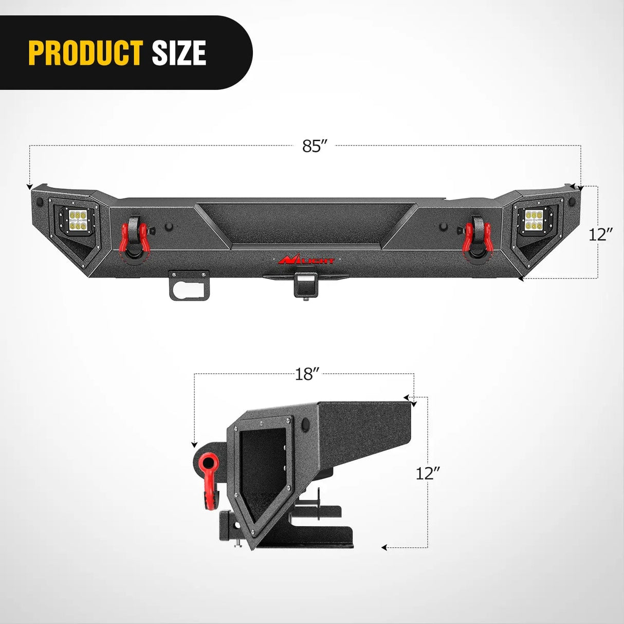 2021-2024 Ford Bronco Rear Bumper Rock Crawler Bumper with Hitch Receiver 2Pcs Upgraded 18W Flood LED Work Light Wire hole Nilight