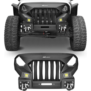 2007-2018 Jeep Wrangler JK & Unlimited 2/4 Doors Front Bumper Grill with Winch Plate 2Pcs 42w LED Work Light Pods Textured Black Solid Steel Off-Road Nilight