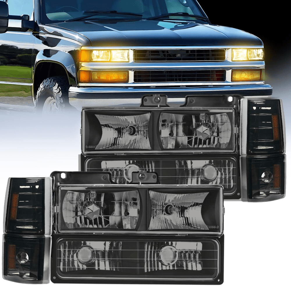1994-1998 GMC C10 Sierra Yukon Suburban Headlight Assembly Chrome Case Smoke Reflector Nilight