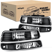 Headlight Assembly for 1999 2000 2001 2002 Chevy Silverado Avalanche 1500 1500HD 2500 2500HD 3500 Chevrolet Tahoe Suburban Replacement Headlamp Housing Bumper Lights Set