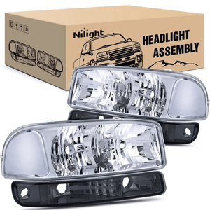 1999 2000 2001 2002  2003 2004 2005 2006 GMC Sierra Yukon Headlight Assembly Chrome Case Clear Reflector Smoke Lens