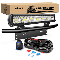 20 Inch 420W 42000LM Triple Row Spot Flood LED Light Bar W/ Front License Plate Frame Bracket | 16AWG Wire 5Pin Switch