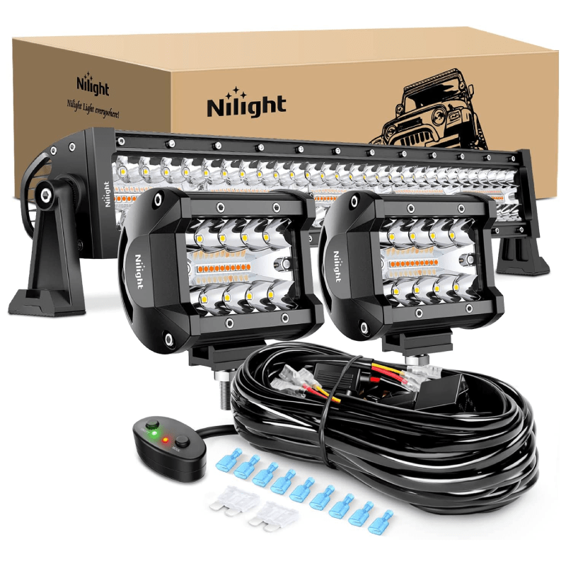 22" 480W Triple Row Amber White Spot/Flood LED Light Bar | 2Pcs 4" 60W LED Pods | 16AWG DT Wire 3 Leads Nilight