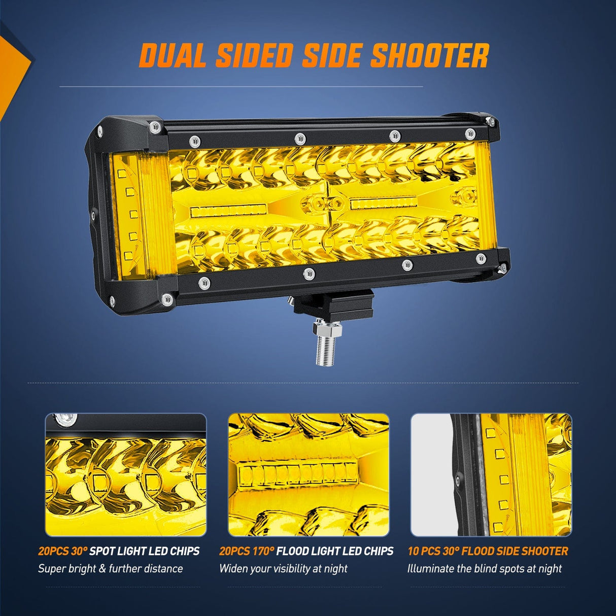 LED Light Bar 2PCS 7Inch Triple Row Spot Flood Combo Yellow Beam with 5Pin Rocker Switch Wiring Harness Kit