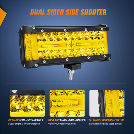 Nilight Side Shooter LED Light Bar 2PCS 7 Inch Triple Row Spot Flood Combo Yellow Beam Pods with 5Pin Rocker Switch Wiring Harness Kit for Off Road Lighting on Truck SUV ATV UTV