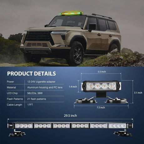 29.5 Inch Roof Top Amber Mix Green Strobe Lights 56LED Hazard Emergency Warning Light Bar Magnetic Mount Nilight