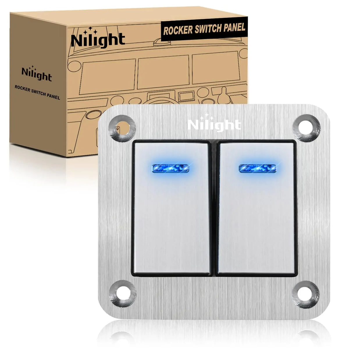 2Gang Aluminum 3Pin ON/Off Blue Led Rocker Switch Panel - Nilight