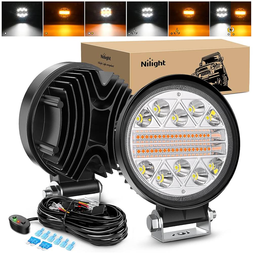 LED Work Light Nilight 2PCS 4.5 Inch 27W LED Light Bar Amber White Strobe 6 Modes Memory Function Off-Road Truck Car ATV SUV Cabin Boat with 16AWG Wiring Harness Kit-2 Leads, 2 Years Warranty