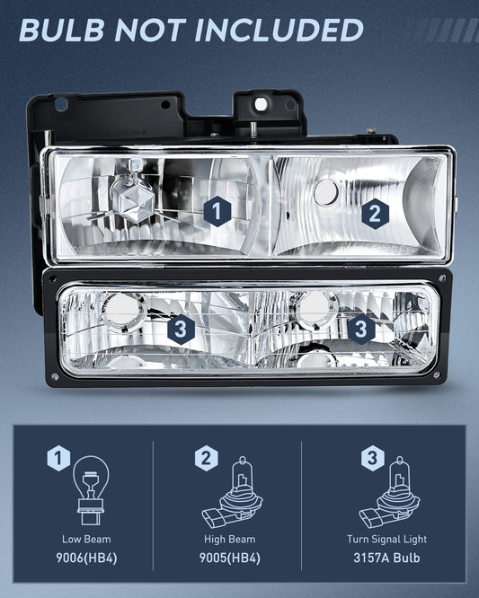 1988 1989 1990 1991 1992 1993 1994 1995 1996 1997 Chevrolet GMC C10 C/K 1988-1999 Silverado Suburban Sierra Blazer Tahoe Yukon Headlight Assembly Chrome Housing