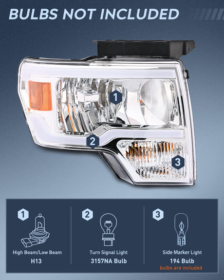 2009-2014 Ford F150 Headlight Assembly Chrome Case Clear Reflector Clear Lens Nilight