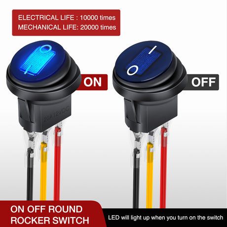 Nilight 5Pcs Waterproof Round Rocker Toggle Green Red Blue Yellow LED Switch 12V 20A 3 Pin ON Off SPST for Car Truck Boat Marine Automotive RV with Locked Terminal Wires