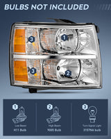 Nilight Headlight Assembly Compatible with 2007 2008 2009 2010 2011 2012 2013 Silverado 1500 2014 2500HD 3500HD Replacement Chrome Housing Amber Reflector