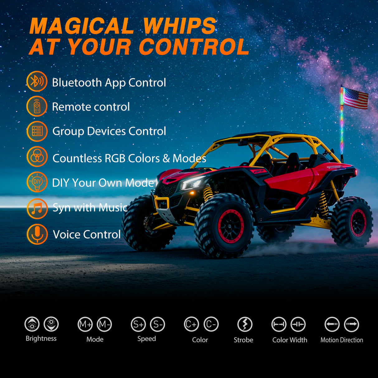 RGB Whip Light 1PC 5FT Lighted Antenna Whips with Remote & App Control DIY Chasing Patterns Brake Reverse Lights for ATV UTV Polaris RZR Can-am Dune Buggy Pickup Trucks Jeep