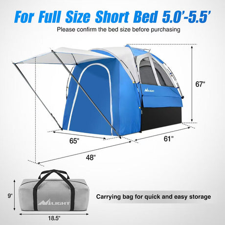 Trunk Bed Cover Truck Bed Tent 5.0-5.5FT Pickup Truck Tents with Removable Awning Waterproof PU2000mm Double Layer Rainfly Storage Bag 2-Person Sleeping Tailgate Bed Tents for Camping Travel Outdoor,Blue Grey