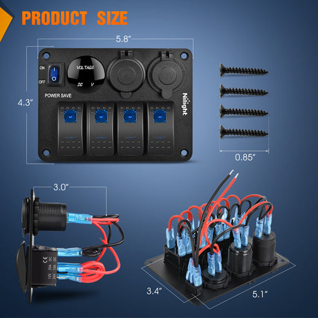 Nilight 4 Gang Rocker Switch Panel Waterproof Pre-Wired Aluminum Power Control Marine Panels with PD Type C and USB Cigarette Lighter Socket Voltmeter 12V 24V ON Off Switches for Car Trucks Boats RVs