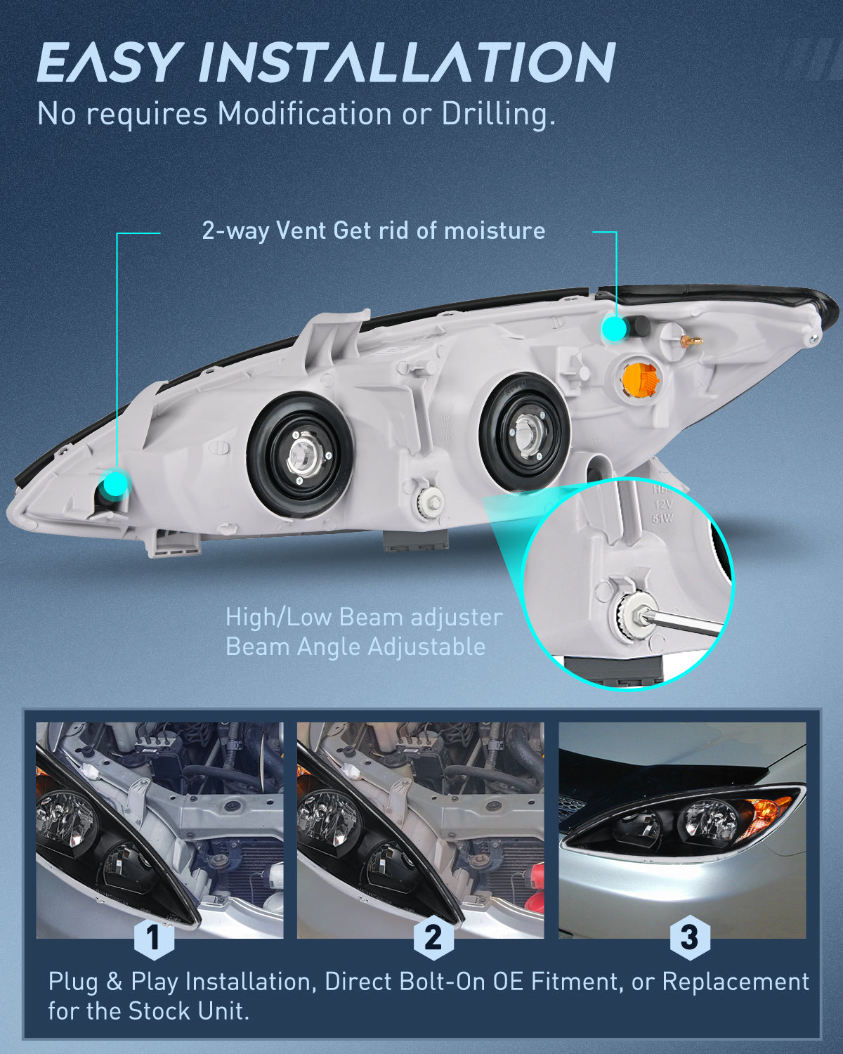 Headlight Assembly for 2002 2003 2004 Toyota Camry LE/XLE Headlamps Replacement Black Housing Amber Reflector Clear Lens Driver and Passenger Side