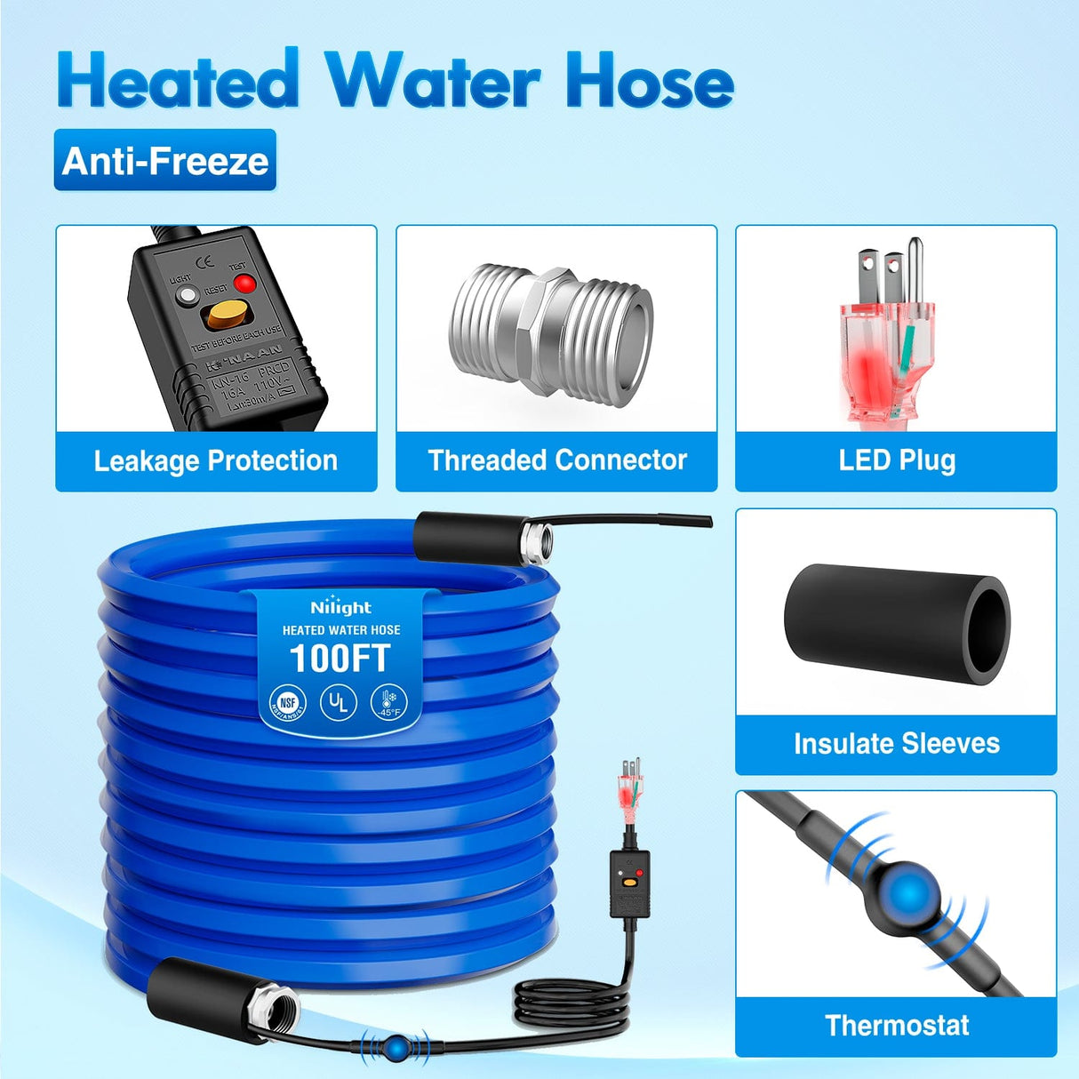 Nilight 100FT Heated Water Hose RV 5/8inch Inside Diameter -45°F Freeze Protaction Antifreeze Garden Drinking Hoses with Saving Thermostat and Smart Heat System for Winter Camper Supply Accessories