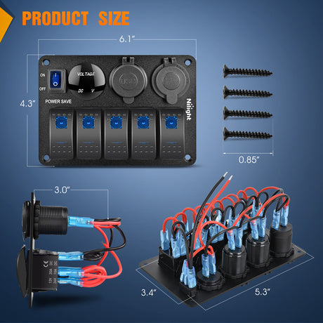 Nilight 5 Gang Rocker Switch Panel Waterproof Pre-Wired Aluminum Power Control Marine Panels with PD Type C and USB Cigarette Lighter Socket Voltmeter 12V 24V ON Off Switches for Car Trucks Boats RVs