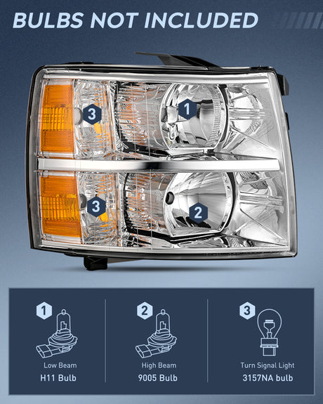 Nilight Headlight and Taillight Assembly Compatible with 2007 2008 2009 2010 2011 2012 2013 Silverado 1500 2007-2014 Silverado 2500HD 3500HD Chrome Housing Amber Reflector with Red Housing Tail Light