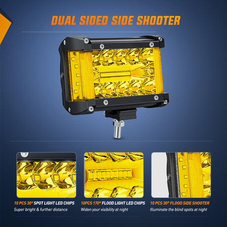 Nilight Side Shooter LED Light Bar 2PCS 4.3Inch Triple Row Spot Flood Combo Yellow Beam Lighting with 5Pin Rocker Switch Wiring Harness Kit for Off Road Light on Truck SUV ATV UTV
