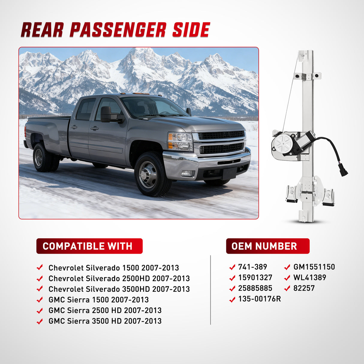 Power Window Regulator/Motor Rear Passenger Side Compatible with Chevrolet Silverado/GMC Sierra 1500 2500 HD 3500 HD 2007 2008 2009 2010 2011 2012 2013,Rear Right,741-389