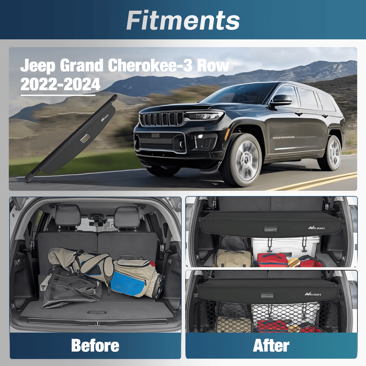 2021-2025 Jeep Grand Cherokee L 3 Row Retractable Trunk Cargo Cover With Trunk Storage Net