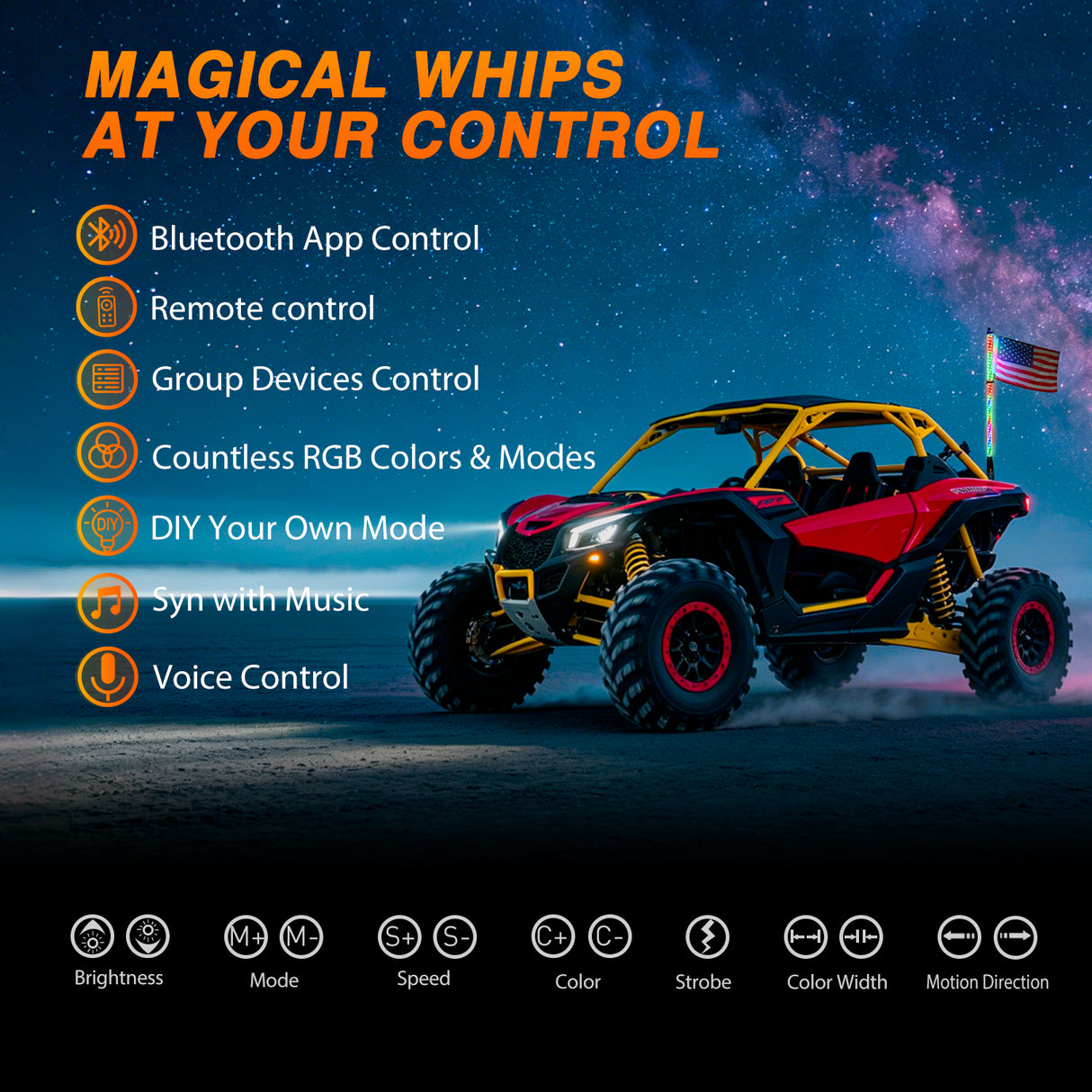 RGB Whip Light 1PC 4FT Lighted Antenna Whips with Remote & App Control DIY Chasing Patterns Brake Reverse Lights for ATV UTV Polaris RZR Can-am Dune Buggy Pickup Trucks Jeep