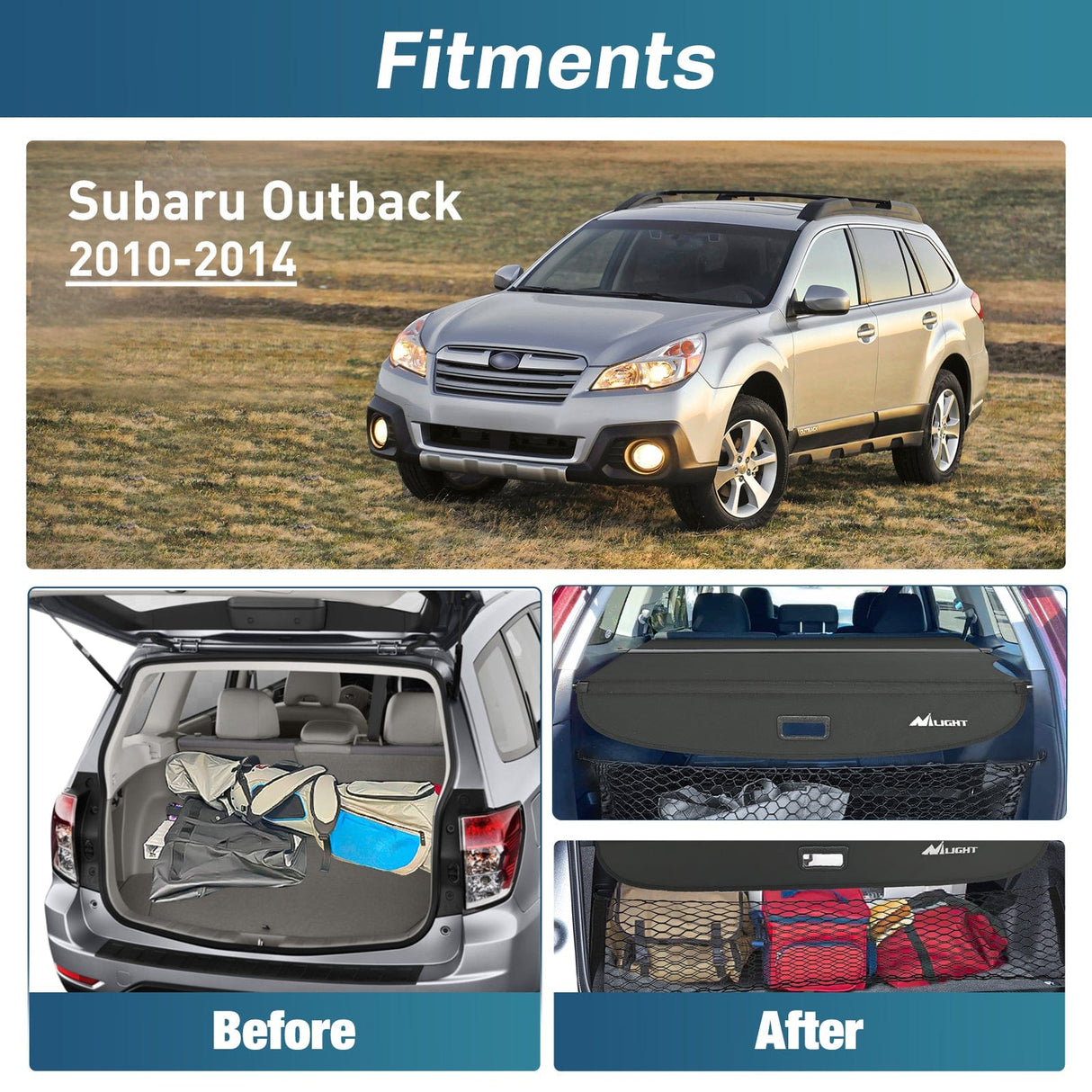 Nilight 2010-2014 Subaru Outback Retractable Trunk Cargo Cover With Trunk Storage Net