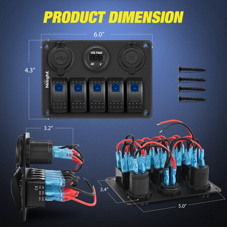 Nilight 5 Gang Rocker Switch Panel Pre-Wired Aluminum with PD Type C and USB Cigarette Lighter Socket Voltmeter 12V 24V ON Off Toggle Switches for Car Trucks Boats RVs