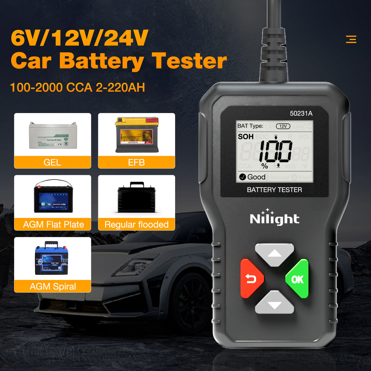 Nilight Car Battery Tester 6V 12V 24V Accurate Digital Auto Analyzer 100-2000 CCA Voltage SOH SOC Internal Resistance Test for Cars Trucks SUV ATV Boats Motorcycles Vehicle