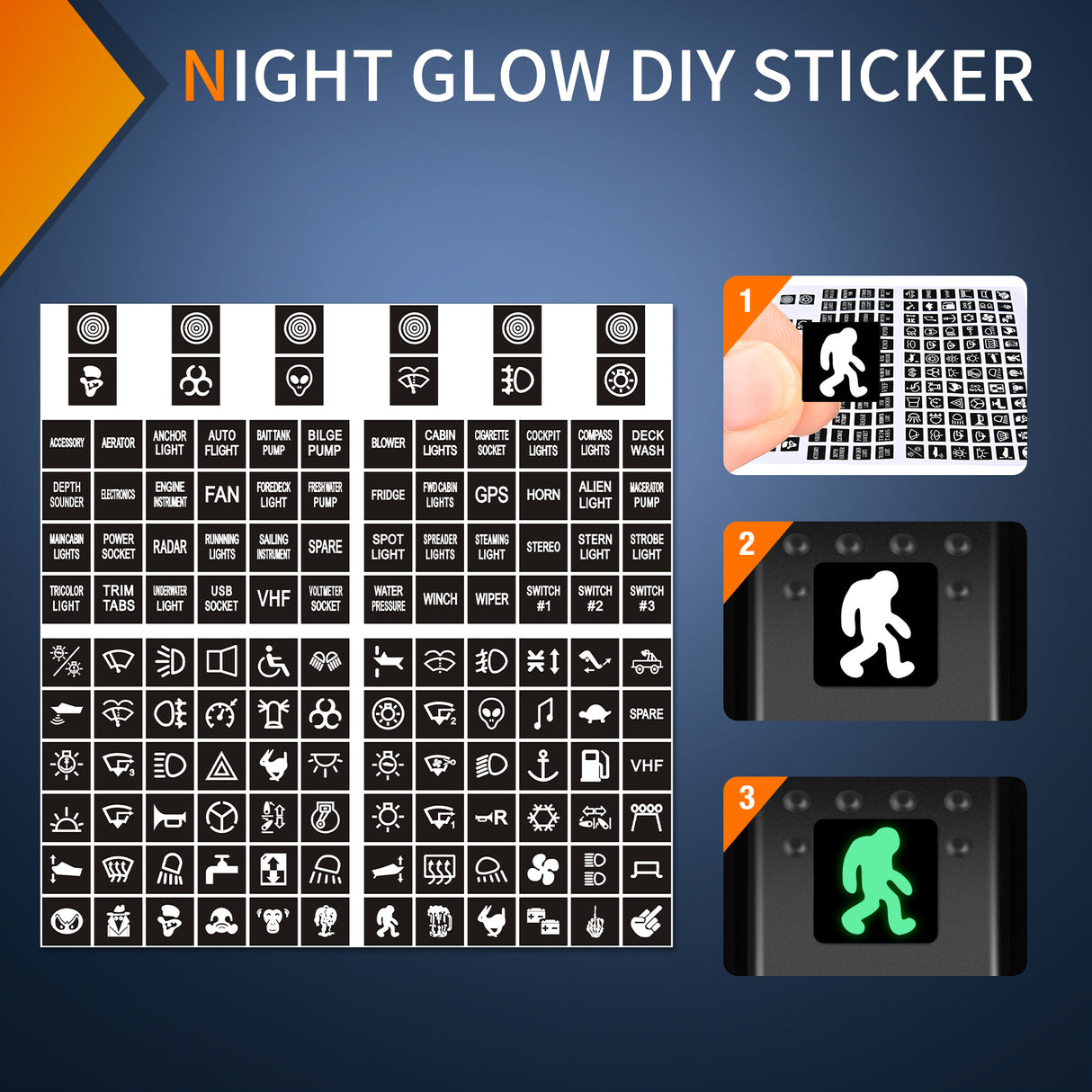 Nlight 249PCS Night Glow Sticker for Rocker Switch Panel DIY Luminous Pattern Text Label in The Dark Toggle for Dashboard Boat RV Car Truck Vehicle