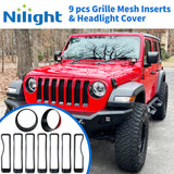 Nilight Grill Inserts fit for Jeep Wrangler Front Grille Inserts Headlight Cover Set for JL JLU Unlimited Sport SportS 2018 2019 2020 2021 2022 2023 Grille Bezels Trim Exterior Accessories Black 9 Pcs