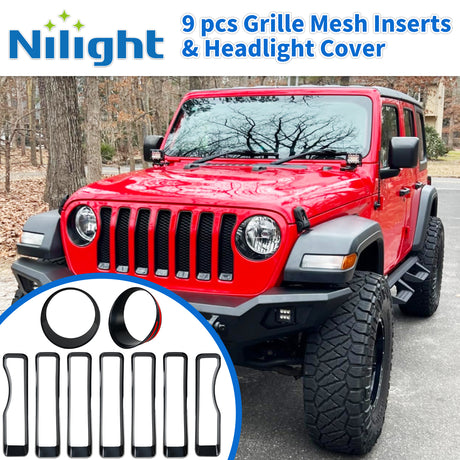 Nilight Grill Inserts fit for Jeep Wrangler Front Grille Inserts Headlight Cover Set for JL JLU Unlimited Sport SportS 2018 2019 2020 2021 2022 2023 Grille Bezels Trim Exterior Accessories Black 9 Pcs