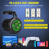 switch panel 5 Gang Multi Function Waterproof Switch Panel PD Type C and USB Socket Digital Voltmeter 12V Outlet Rocker with Inline Fuse for RVs Cars Boats Trucks Trailers Green