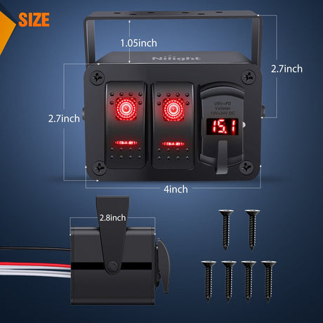 Nilight 2 Gang Rocker Switch Box 12V SPST ON Off Toggle Switches PD Type C and QC 3.0 USB Charger Voltmeter LED Light Waterproof Aluminum Mount Bracket Panel DIY Stickers for Boat Car RV Truck