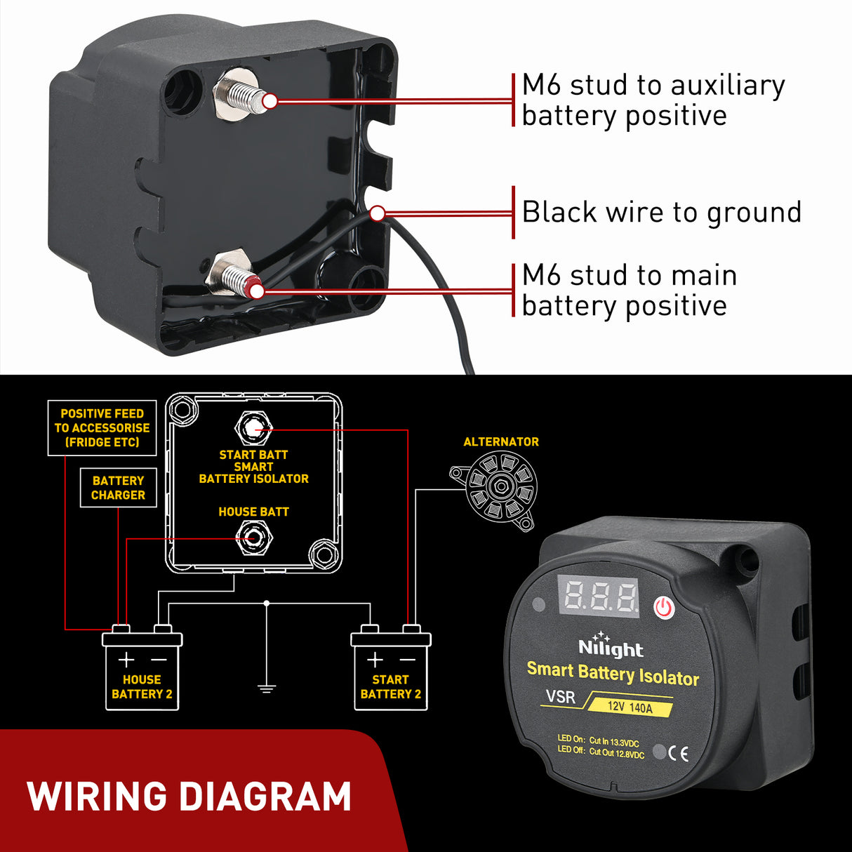 Nilight 12V 140 AMP Dual Battery Isolator Auto Manual Voltage Sensitive Relay with Digital Voltmeter Smart VSR Automatic Charger Disconnect w/Voltmeter for Truck RV UTV Boat Can Am