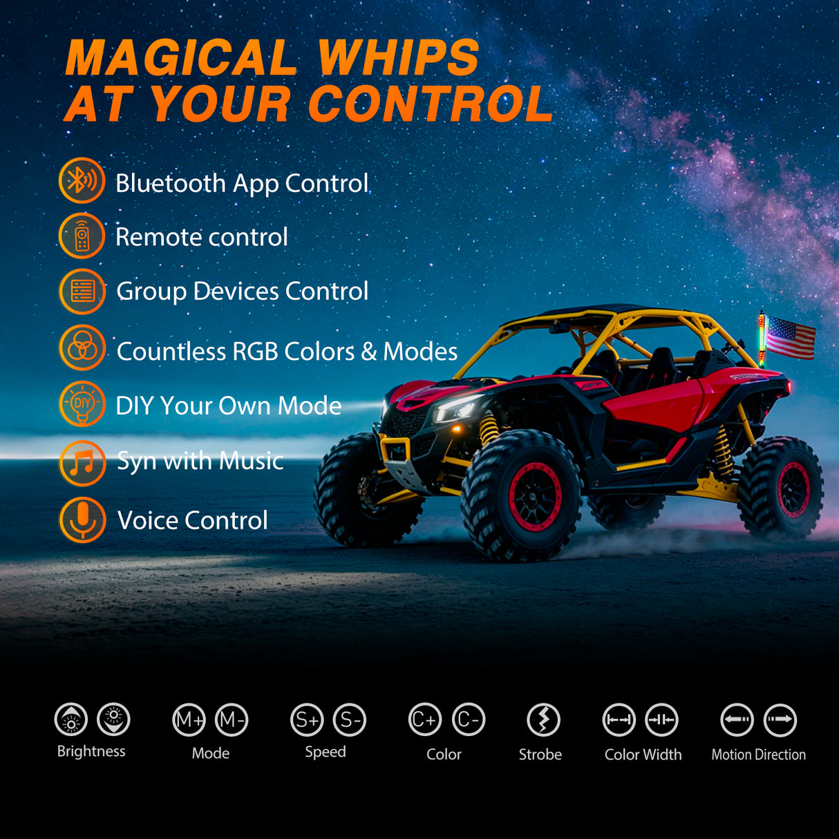RGB Whip Light 1PC 2FT Lighted Antenna Whips with Remote & App Control DIY Chasing Patterns Brake Reverse Lights for ATV UTV Polaris RZR Can-am Dune Buggy Pickup Trucks Jeep