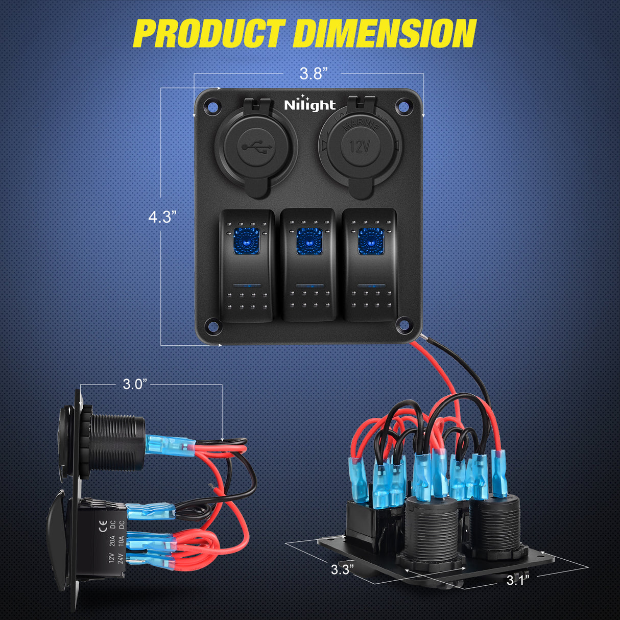 Nilight 3 Gang Rocker Switch Panel Pre-Wired Aluminum with PD Type C and USB Cigarette Lighter Socket Night Glow Stickers 12V 24V ON Off Switches for Car Trucks Boats RVs