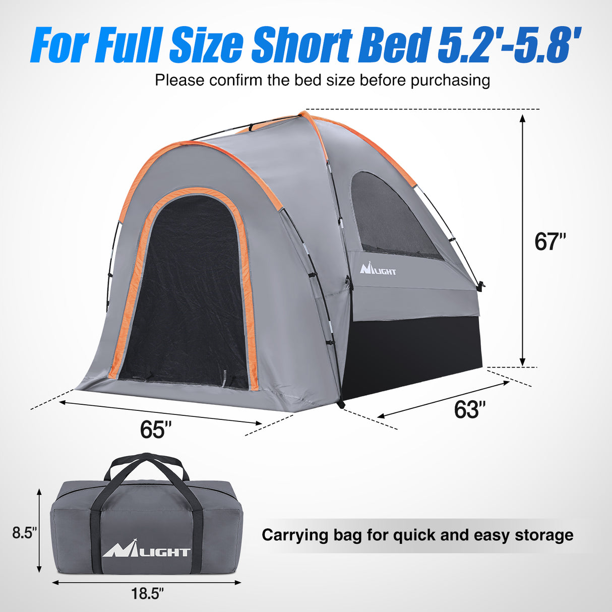 Vehicle Parts & Accessories Truck Bed Tent 5.2-5.8 FT Pickup Tents with Rainfly Waterproof PU2000mm Double Layer Tent for Truck 2-Person Portable Full Size Short Tailgate Bed Tent for Camping Outdoor Travel, Orange Grey