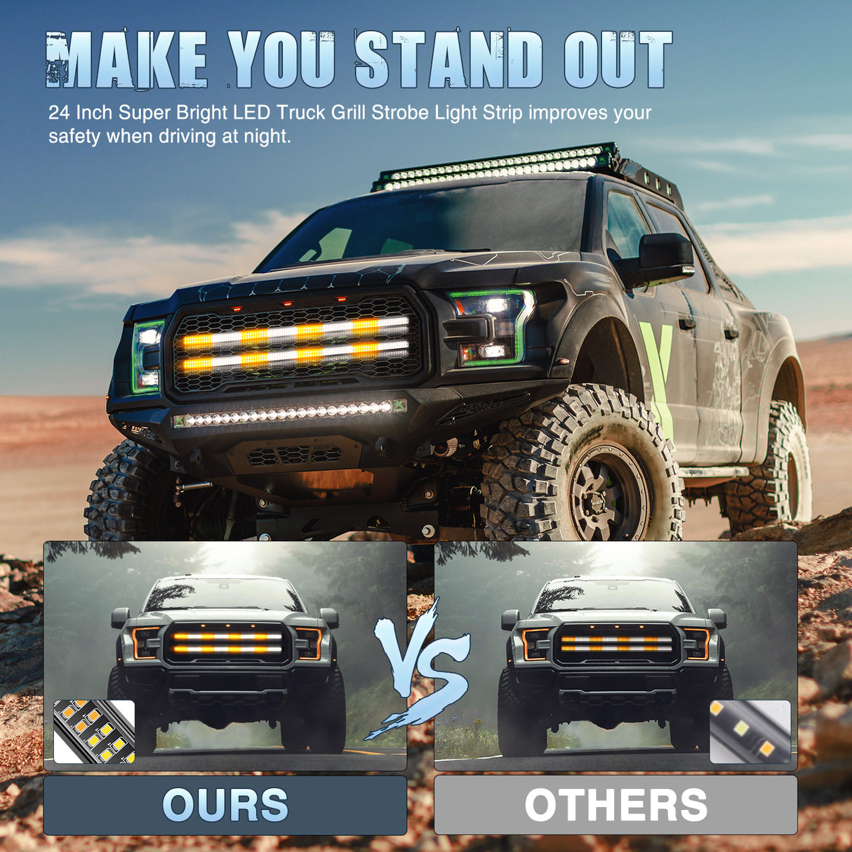 Nilight 2PCS 24 inch Truck Grill Strobe Lights Strip 384 LED Emergency Light Amber White Flexible Side Flashing Warning Caution Safety Waterproof Lighting Kit for Trucks Tow Plow Construction Vehicles