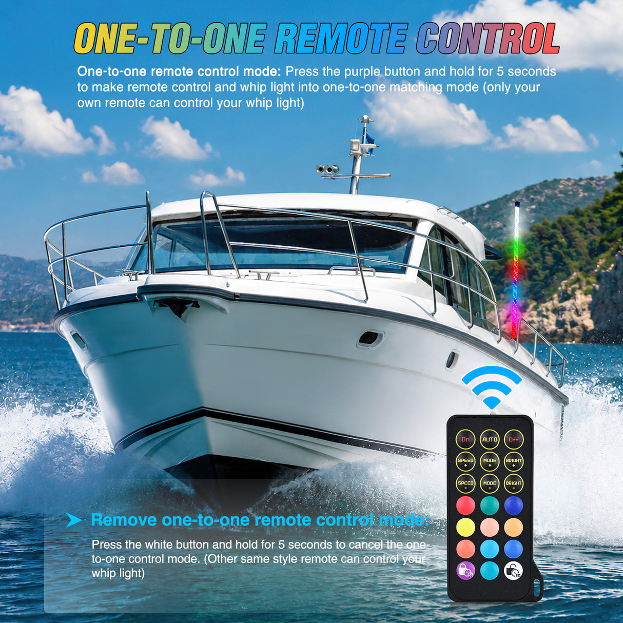 Boat Navigation Whip Light 3FT 360° Visibility 2NM Coast Guard Compliant 400+ Patterns with Remote Plug-in Base LED Spiral Boats Stern Lights for Night Fishing, Yacht, Pontoon Accessories