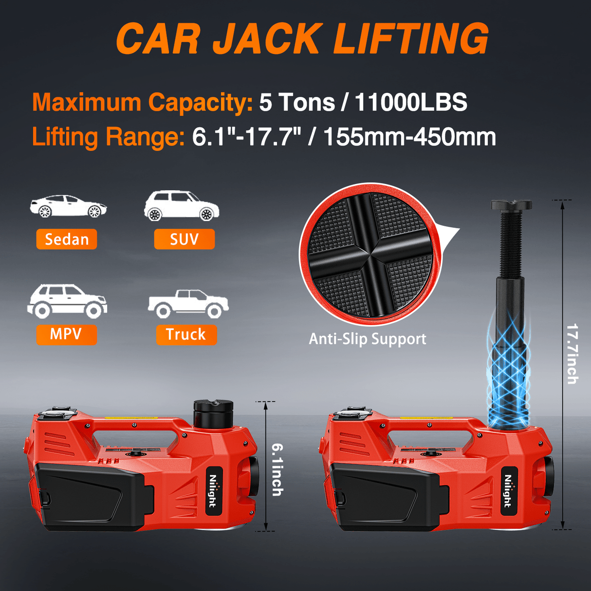 Nilight Electric Car Jack 5 Ton 12V Hydraulic with Inflatable Pump Impact Wrench LED Light 3 in 1 Portable Floor Jack for Tire Change